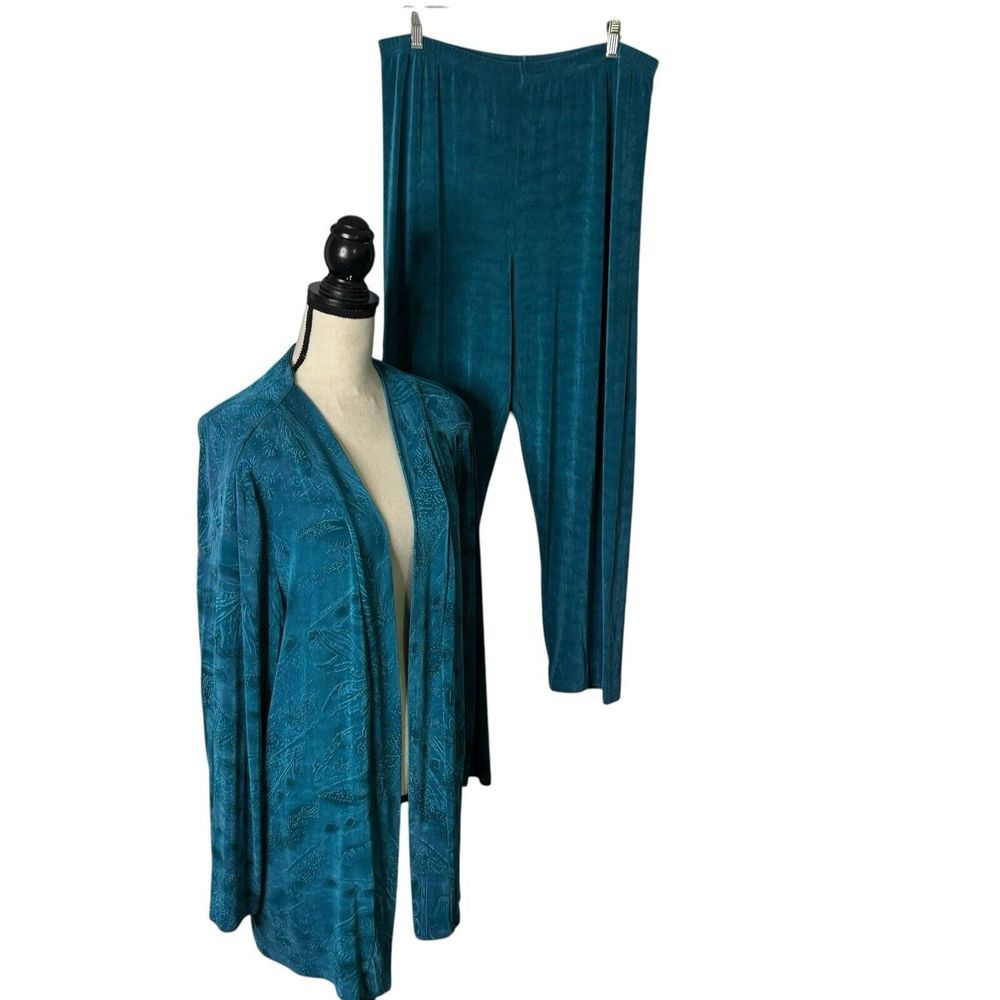 Picadilly Pant Suit Women XL Tall Green Pants Open Front Cardigan Vintage Slinky